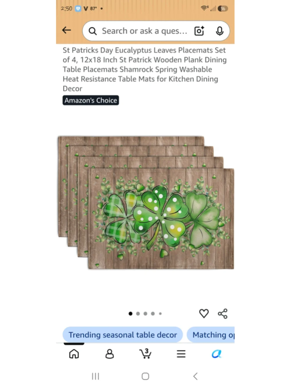 Shamrock St. Patrick's Day Placemats Set of 4, One Size, Brown and Green